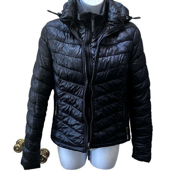 Superdry Jacket Coat Blue X Small Warm Cozy Pockets Hood Winter Padded - Picture 1 of 16